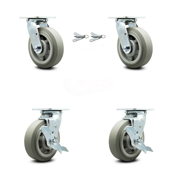 6 Inch Thermoplastic Rubber Caster Set with Ball Bearings 2 Swivel Lock 2 Brake